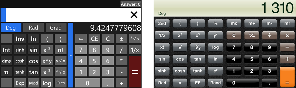 Flat (left) vs. skeuomorphic (right) visual design in digital calculators.
